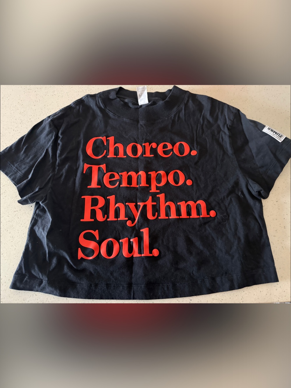 Zumba Fitness Black Crop Tee with Red Graphic Text